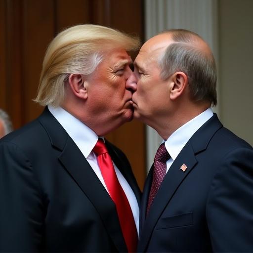 A close-up depiction of two prominent political figures kissing.