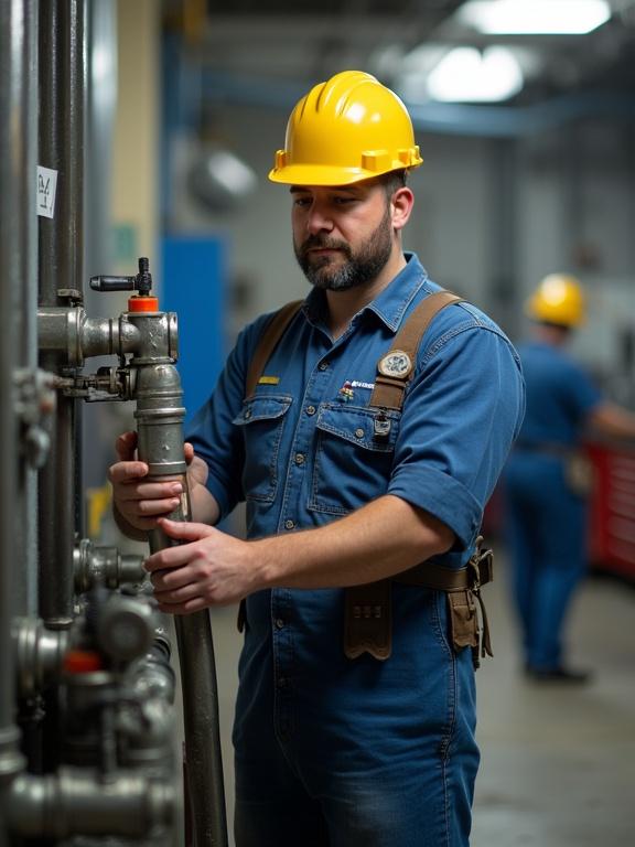 Image of an industrial gas worker. Worker wears a yellow safety helmet and denim shirt. Focus on operating gas equipment. Background shows another worker in a workshop environment.