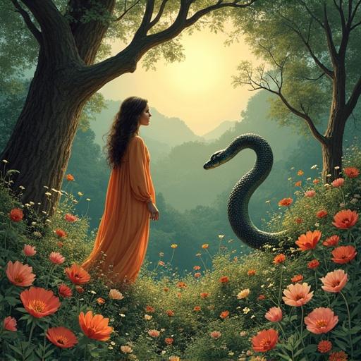 Illustration depicting Eve standing in a lush garden. Bright flowers surround her. A snake coils nearby in an inviting pose. Warm sunlight shines through the trees. The landscape has mountains in the background.