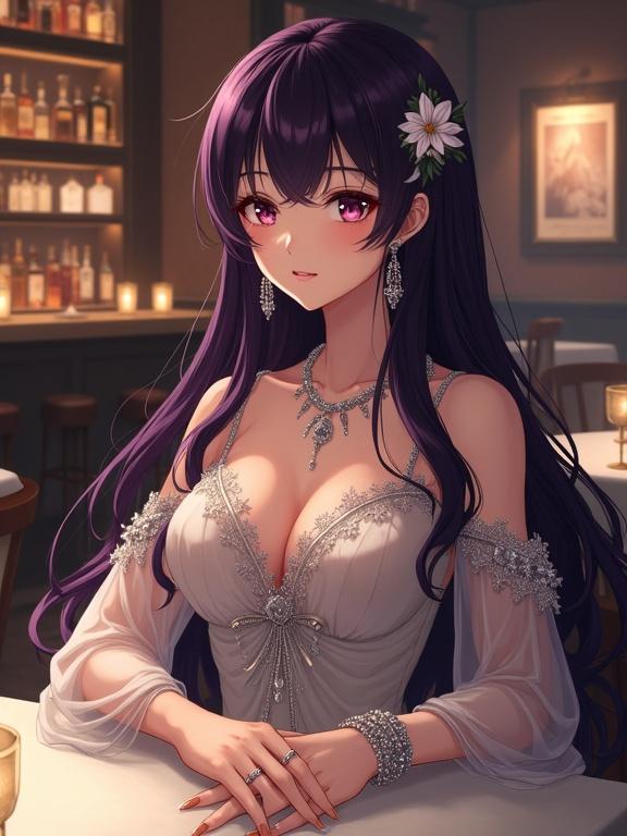Anime woman with long dark violet hair and expressive eyes. Wearing an elegant off-white dress with lace details. Long flowing sleeves and ornate jewelry. Soft expression in a cozy bar setting with warm lighting.