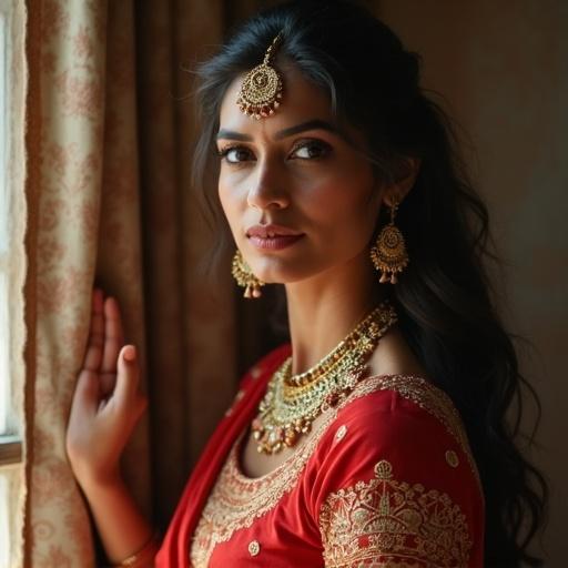 Portrait of an Indian woman. She wears traditional attire with intricate jewelry. The background features soft natural light. She looks directly at the viewer with elegance.