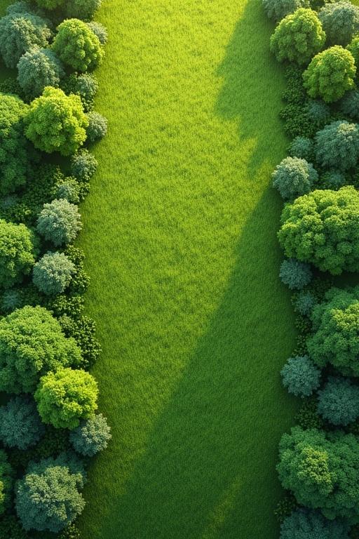 Stylized 3D grass texture landscape with detailed top-down view. Modern video game visual style. Vivid green grass surrounded by trees.