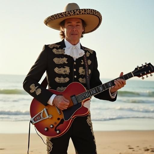 Musician plays guitar at the beach wearing a charro outfit. Bright ocean in background. Person engages with the guitar. Focus on traditional attire and relaxed atmosphere.