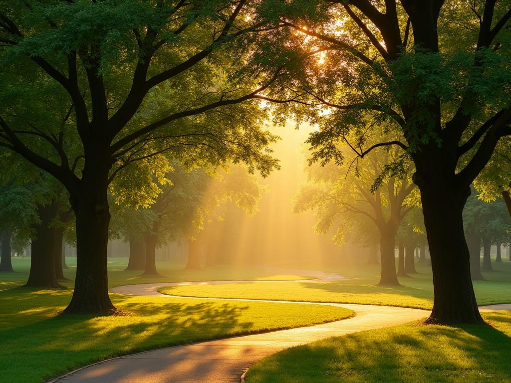 A serene park landscape with a winding path under large trees, illuminated by sunlight streaming through the foliage in the morning, capturing a peaceful and tranquil atmosphere.