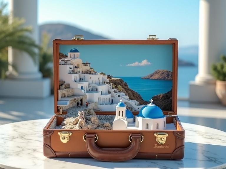 A suitcase displays a miniature landscape of Santorini. Whitewashed buildings with blue domes cascade down a cliff into the sea. Miniature donkeys walk on stone paths. Bright sunlight enhances the scene. A 'Santorini' label appears in Greek font.