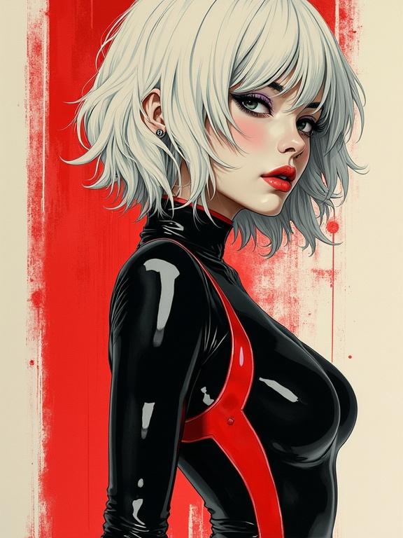 2D illustration on glossy paper in bold pop-art style with overlay textures. Futuristic soldier in profile view. Half-shadowed face with vibrant hair. Averted gaze shows seduction mixed with melancholy. Skin-tight outfit accentuates figure. Background consists of abstract colors. Fusion of sensuality and surrealism inspired by pop art styles.