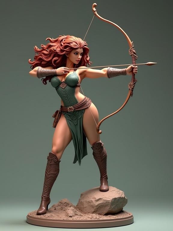 Statue of a powerful female warrior with a bow. She is in a strong battle stance. Curvy body with defined abs and strong thighs. Wearing a forest green corset and asymmetrical skirt. Dark red curly hair flowing. Bow fully drawn with an arrow. Smooth resin finish with hand-painted details. Set on a sculpted rock base. Neutral background without text or logos.