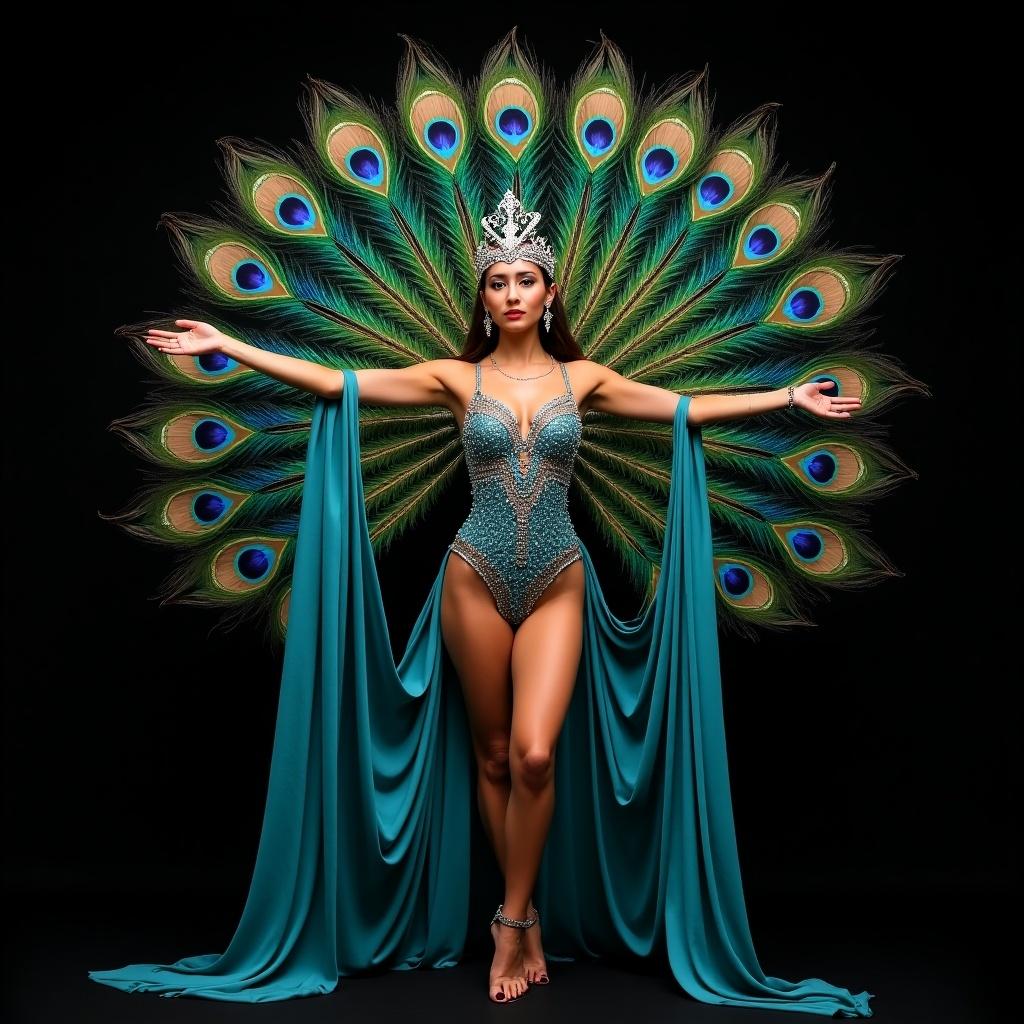 A woman wears a costume inspired by peacock feathers. The costume features rich blues and greens with gold and silver accents. The background is dark showcasing the costume. The costume has an ornate design with flowing lines and an elegant train. A crown-like headpiece complements the look. The pose is symmetrical and elegant.