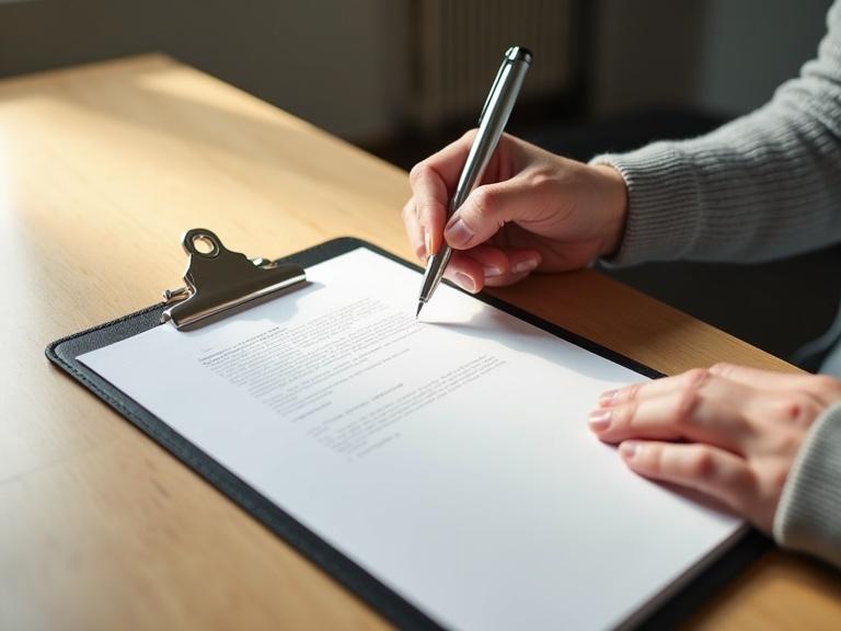 A photorealistic image features a slight top-down view of a clipboard on a light oak wood desk with a white piece of paper. A right hand in a gray sweater holds a shiny silver pen above the paper. Soft window light from the left creates warm shadows, with a blurred neutral-toned background.