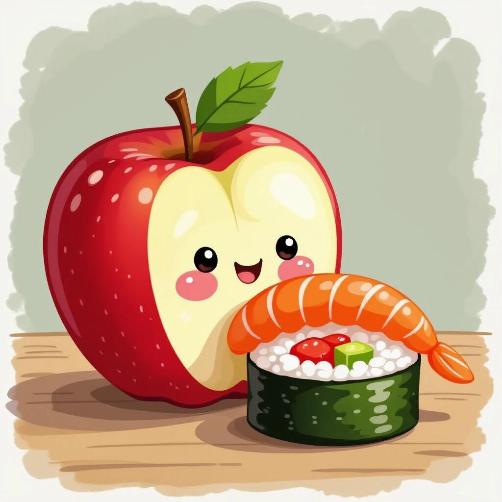 A cute red apple with a smiling face sits beside a piece of sushi. The apple takes a bite out of the sushi. The sushi includes shrimp, cucumber, and rice.
