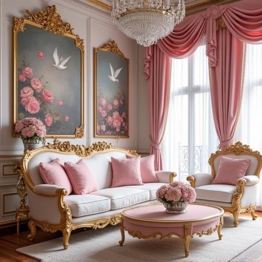A Rococo-inspired living room in pink, white, and gold colors. Features a crystal chandelier, elegant sofas, and paintings depicting pink roses and doves.