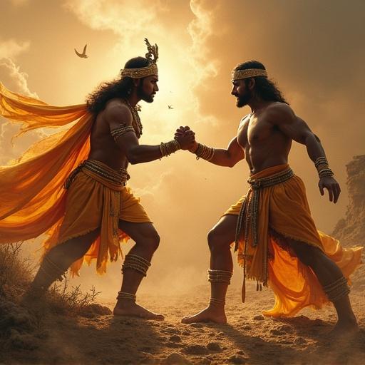 Dramatic encounter of two iconic figures from Indian mythology. Krishna and Arjuna portrayed in traditional attire. Golden clouds and warm lighting create an epic atmosphere. The background features a mystical landscape. Symbolizes charity and guidance during a critical moment.