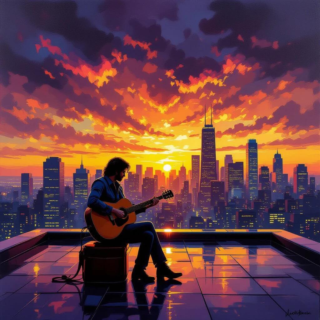 A soulful oil painting captures a guitarist on a rooftop. Sunset colors explode in the sky. The musician creates a romantic silhouette. City skyscrapers reflect vibrant hues. Rooftop surface shines with rain. The scene embodies artistic passion and urban beauty.