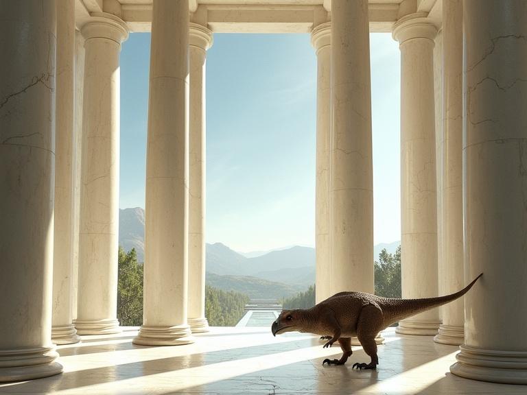 Serene and monumental interior with classic architecture and soft lighting. Features a raptor with textured scales and feathering. The setting reflects beauty and history within a natural landscape.