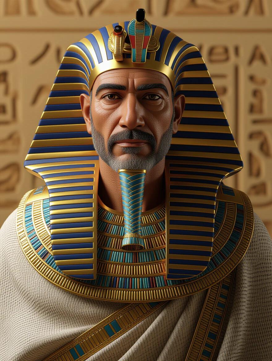 A richly dressed Egyptian pharaoh stands full view from head to toe. The figure is hyper-realistic with exquisite detail at 8K resolution. The focus is on the majestic headdress and royal garments.
