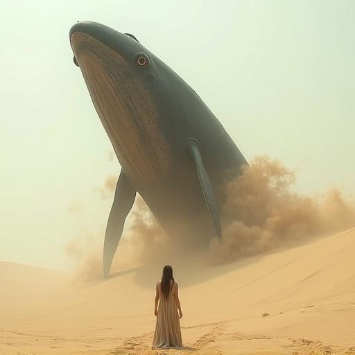 A vast desert with rolling sand dunes. A lone figure in a flowing robe stands on sand. An enormous whale-like creature emerges from the ground. The creature is dark and covered in barnacles. It rises slowly, kicking up sand. The figure's robe billows in the wind. The scene creates awe and tension with shifting sand around the creature.