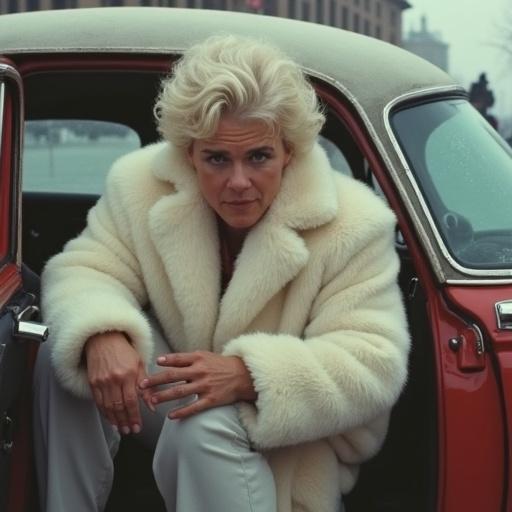 Woman in a white fur coat prepares to enter a vintage car. Soft light captures the glamorous fashion and nostalgic atmosphere. Focus on the elegance and style reminiscent of classic Hollywood.