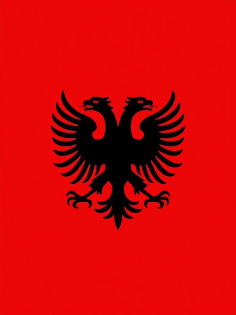 Flag design featuring a double-headed eagle in black on a bright red background. National symbol of Albania. Emphasizes simplicity and boldness in the design.