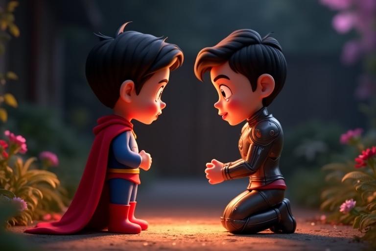 A heartfelt 3D animated scene featuring two characters. One character wears a red cape and blue suit, resembling a superhero. The other character wears a futuristic metallic outfit with glowing eyes. Both characters kneel down with hands clasped. They appear emotional with tears in their eyes, showcasing an intense moment of forgiveness. The warm colors of yellow and pink contribute to the emotional tone. The background features a dark garden, enhancing the cinematic effect.
