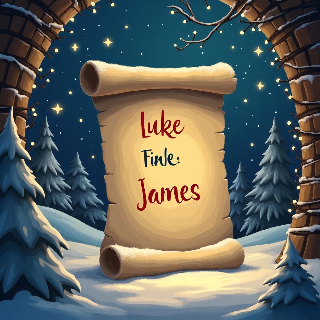 This image depicts a festive winter scene set in the North Pole. In the foreground, there is a large, aged scroll illuminated by a warm light. The scroll lists names, including "Luke" and "James", suggesting they are on Santa's good list. The background features snowy pine trees and twinkling stars, adding to the magical atmosphere. The entire scene conveys a sense of joy and holiday spirit, making it perfect for Christmas-themed projects.