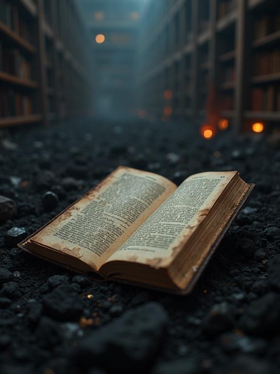 A cinematic art piece in a vast library destroyed by fire. Black ashes surround a single open book that glows faintly. The scene signifies survival against despair. Style is hyper-realistic and detailed, resembling a 35mm film.