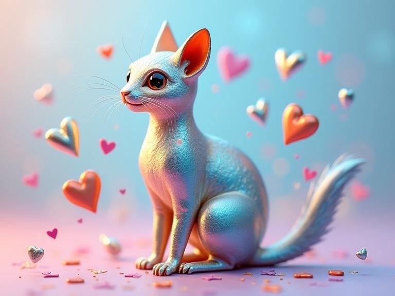 A sleek metallic cat stands on a polished metal background. The body features a blend of blue, white, orange, gold, and silver. Gold elements shine warmly; silver adds a shimmering sheen. Tiny hearts of silver, orange, pink, and gold surround the cat in various sizes and orientations. The background has blended pastel colors like pale blue, soft pink, and lilac, enhancing the metalwork and evoking love and joy.