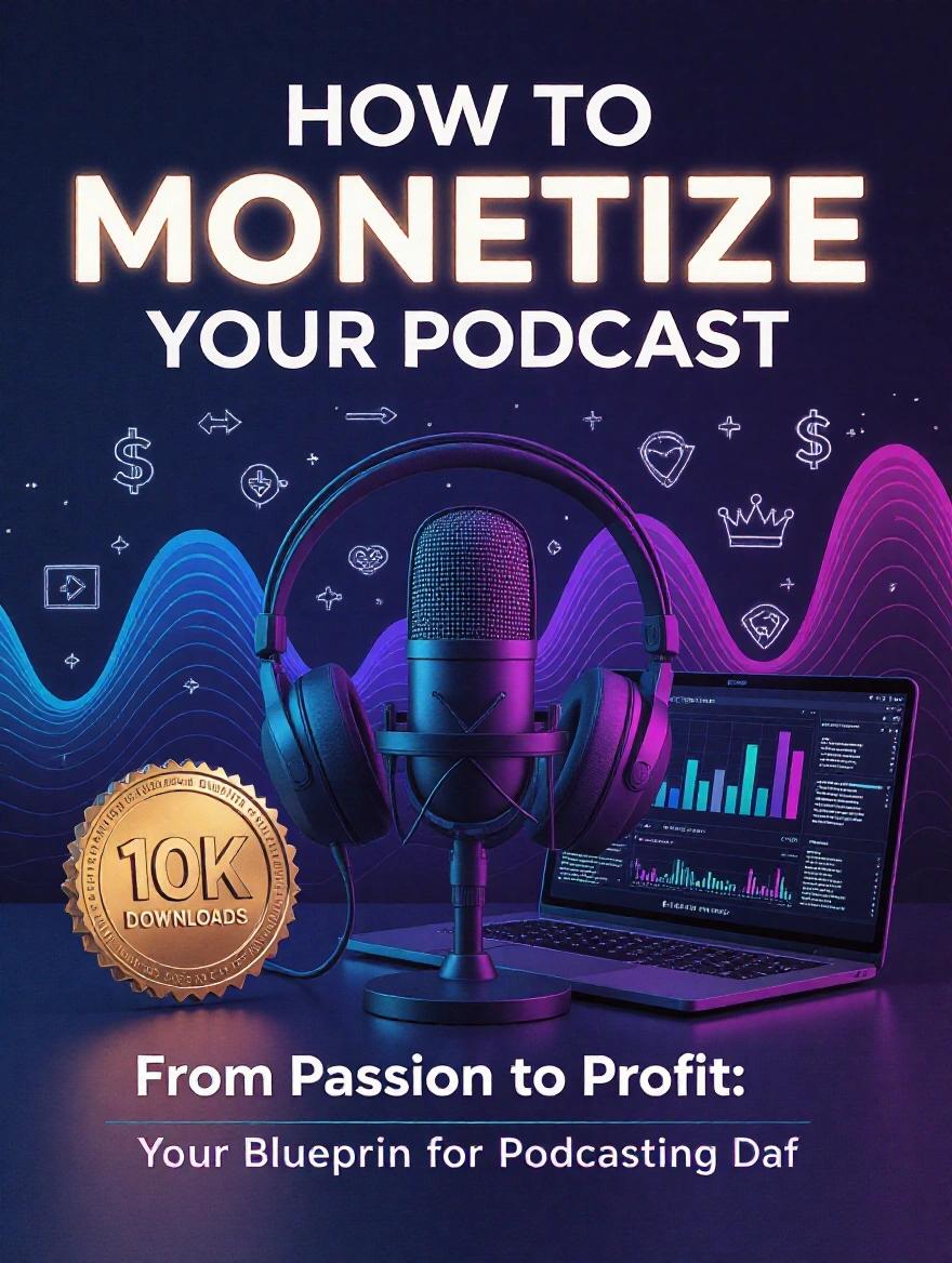 Sleek and professional design centered on podcast microphone with studio headphones and analytical laptop. Background features gradient soundwave from navy blue to electric purple with monetization icons like dollar sign. Title includes bold modern text for podcast monetization. Subtitle and tagline displayed clearly. Design includes sponsorship logos and rising graph for impact. Light flares and glossy finish evoke energy.