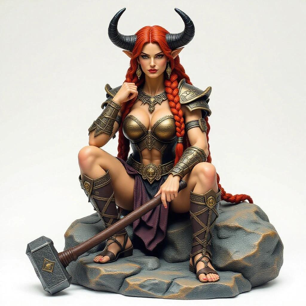 Resin statue of the goddess inspired by Taurus zodiac sign seated on a rock. A muscular woman with tanned skin and long red hair in braids. Elbow resting on knee with fist under chin in warrior pose. Other hand holds a warhammer on the ground. Wears dark bronze armor with runes and horns. Majestic aura with dramatic lighting and detailed materials.