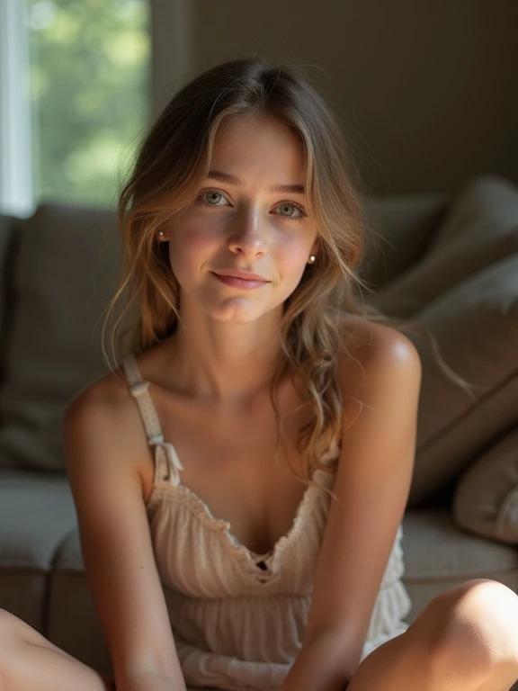 A teenager sitting in a living room. The girl wears a mini sundress. Soft natural lighting brightens the scene. The background features a couch. The overall mood is shy and intimate.