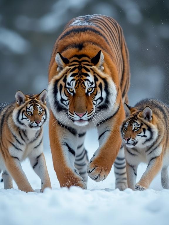 Majestic Siberian tiger and two cubs walking through snow. Focus on strength and beauty. Snowy landscape surrounds them. Displaying their fierce appearance.