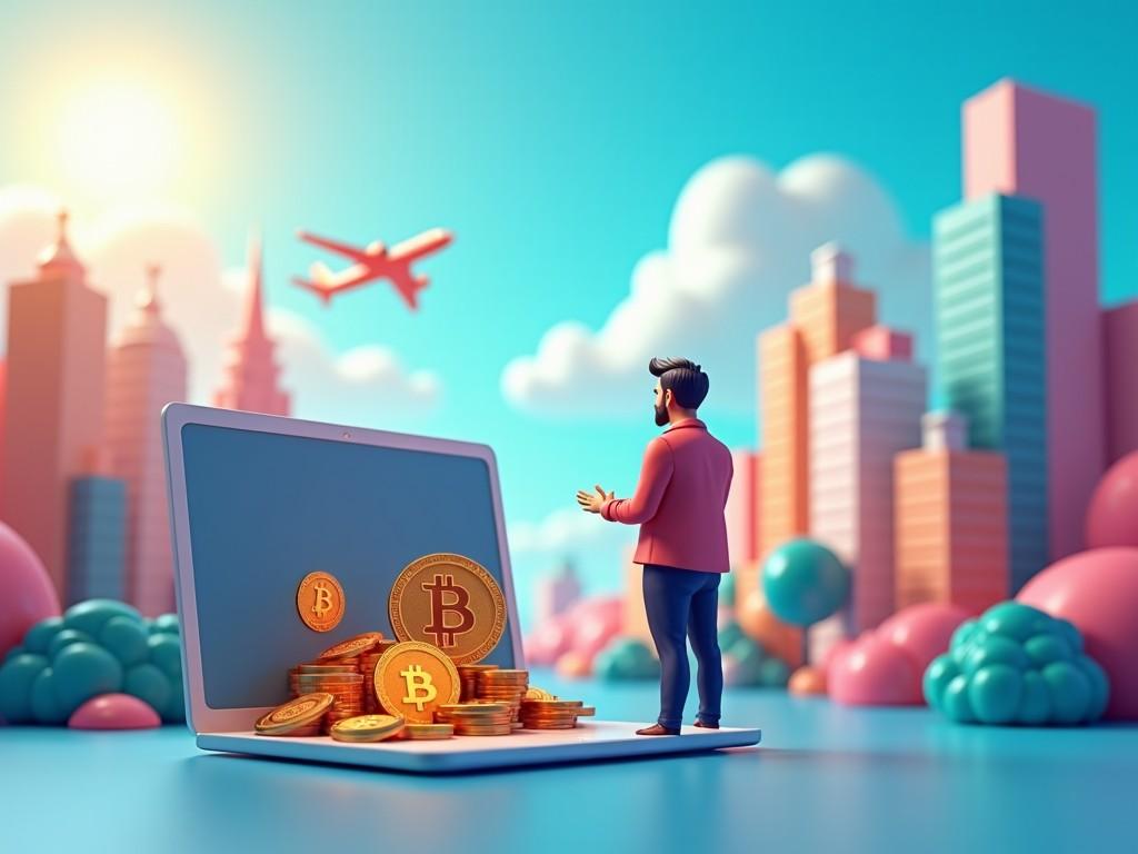 A digital illustration of a man standing in front of a laptop with Bitcoin coins emerging from the screen set against a modern urban skyline. The scene is vibrant and colorful, depicting a sense of innovation and technology.