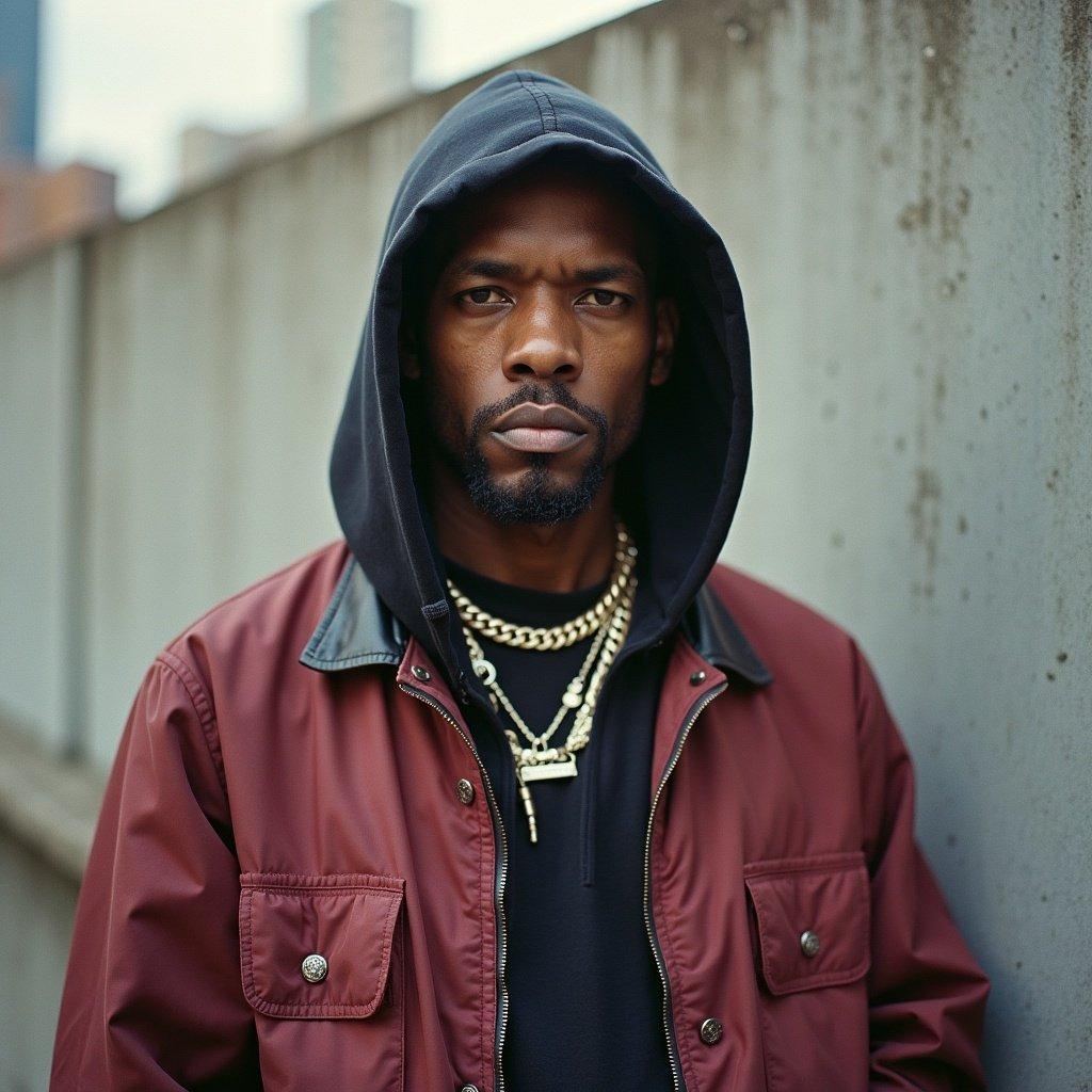 A portrait of a man wearing a hooded jacket and gold chains. Background is an urban setting with concrete. The man's expression is serious and contemplative.