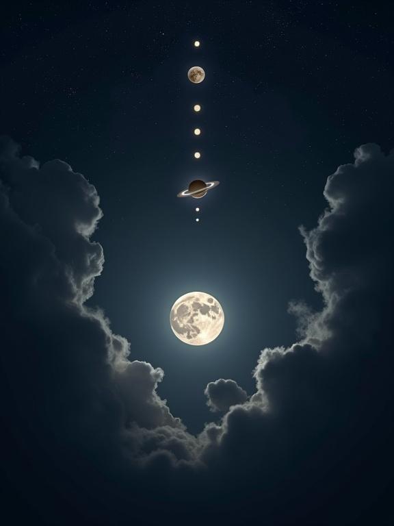 Night sky scene featuring the full moon at the center with Saturn above and Jupiter below. Bright stars scattered in the deep black sky with wispy clouds framing the celestial objects.