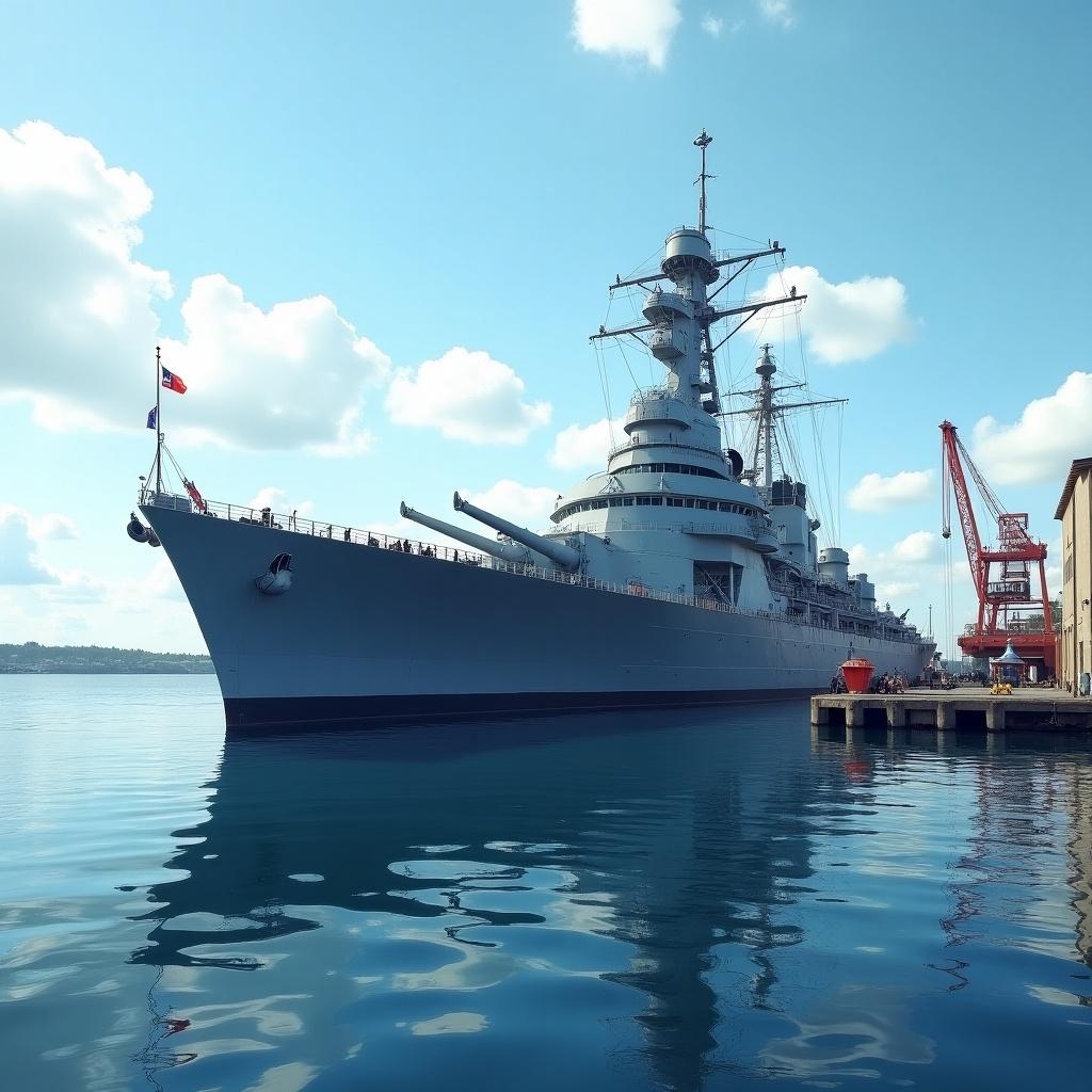 Large battleship docked at harbor. Surrounding calm water. Clear sky with scattered clouds.