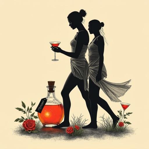 Minimalist artwork depicting two modern goddesses in an orchard holding cocktail glasses. They wear flowing sarong wraps. An apothecary bottle radiates a golden glow. Roses and herbs surround the bottle. Simple, clean style with a beige background.