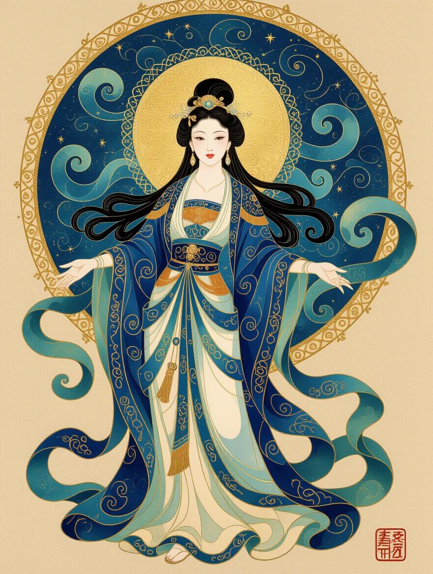 Regal female figure surrounded by swirling celestial motifs. Painted in lush gouache textures. Flowing brushstrokes and gilded accents present. Ornate gold leaf patterns woven into robes. Luminous halo behind figure. Softly glowing on parchment-like background.