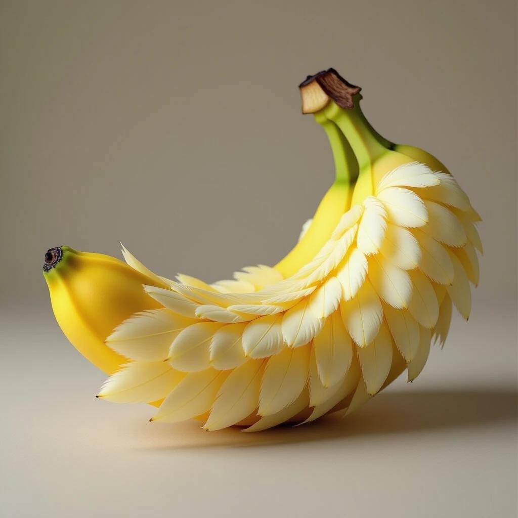 A surreal representation of a banana made from soft yellow bird feathers. The banana's curved shape is designed with layers of feathers. The fluffy texture contrasts with the typical appearance of a fruit. This creates a whimsical and unique visual experience.
