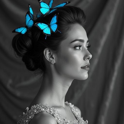 Cinematic black and white portrait of a woman with architectural updo hairstyle. Textured gray velvet background. Rich monochromatic tones. Dramatic lighting with shadows and highlights. Vibrant butterflies with cyan wings in hair. Serene expression of the woman.