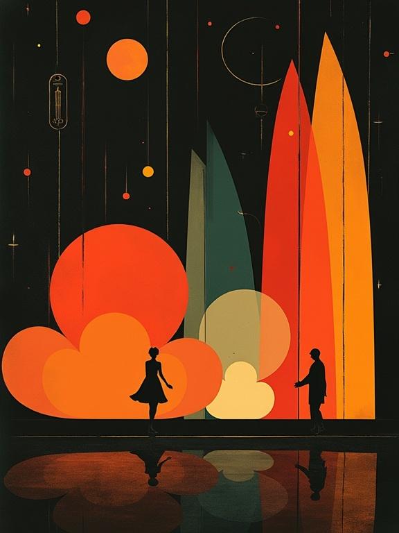 A futuristic scene featuring glowing colorful forms. Silhouettes of figures interact with vibrant abstract shapes. Inspired by 1940s isotype infographic styles, conveying a sense of love and connection.