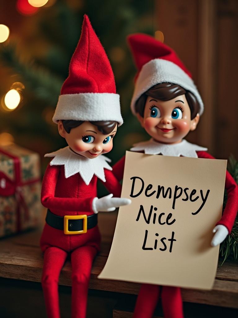 Elf dolls hold a sign that reads Dempsey Nice List. Background has warm lights. Festive theme with holiday spirit. Elves are dressed in red and white costumes. Sign is prominently displayed.