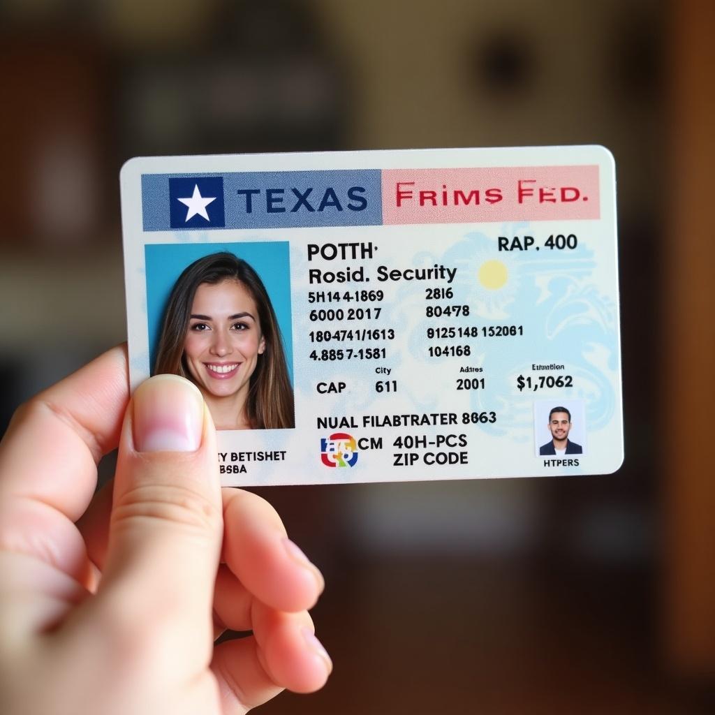 Hand holds the backside of a Texas government-issued ID card. The ID features personal information such as name and social security number. Details include date of birth, address, city, state, and zip code.