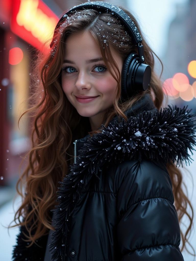 Girl dressed in a black fancy jacket with long luscious wavy brown hair. Snow is falling around her. She is wearing black fur headphones. Soft smile on her face. Background shows flashing lights in a snowy city.