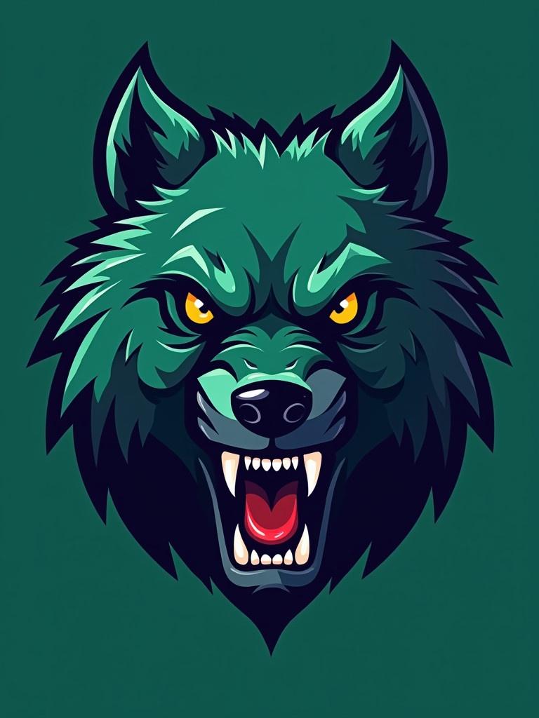 Teal and dark gray wolf logo design showing growling expression. Digital artwork featuring bold lines and vibrant colors.