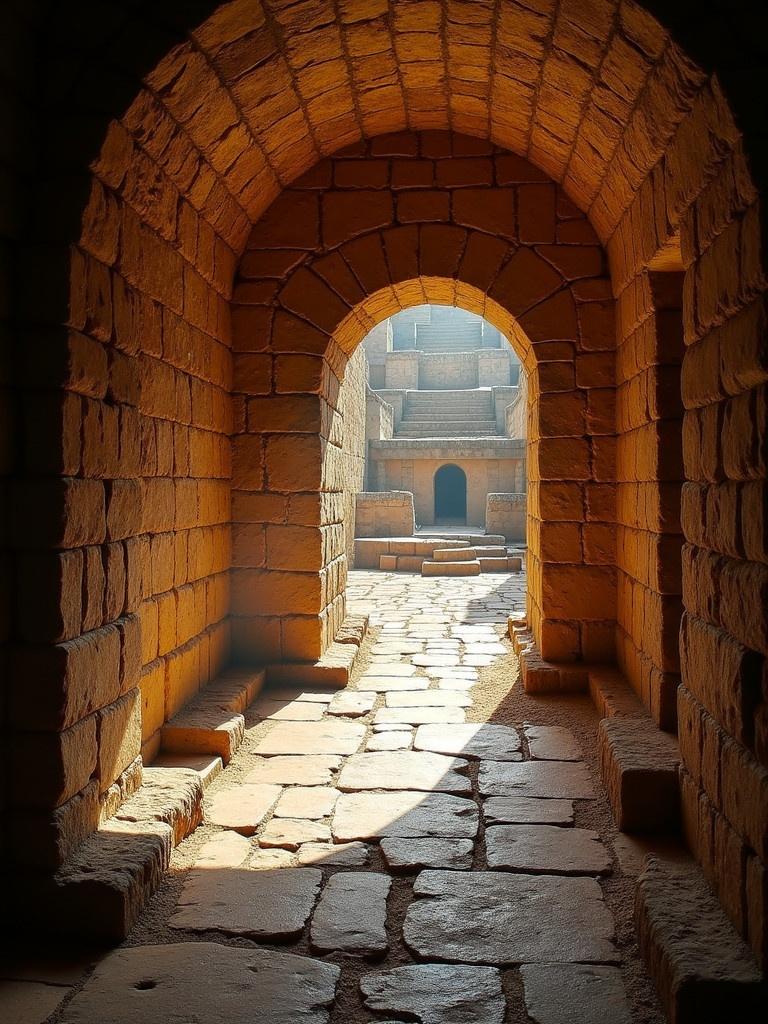 Inside the corridor of a Mayan treasure hunt temple features stone archways. Soft golden light illuminates the path. Rough stone tiles line the ground. The temple atmosphere suggests hidden treasures and adventure.