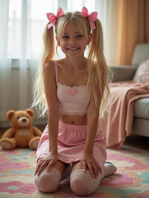 Teen kneeling on colorful rug in living room. Long blonde hair in twin tails with pink bows. Wearing crop top and pale pink skirt. Thigh-high socks and black shoes. Smiling with teddy bear in soft lighting.