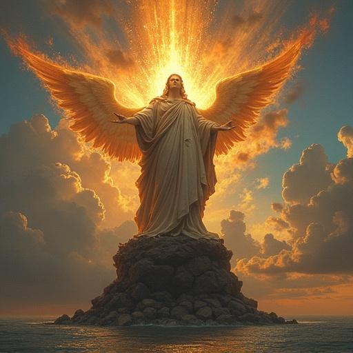 Depict a divine figure representing Libertas with wings. The figure stands majestically on a rocky base. A radiant light surrounds the figure, symbolizing freedom and divinity.