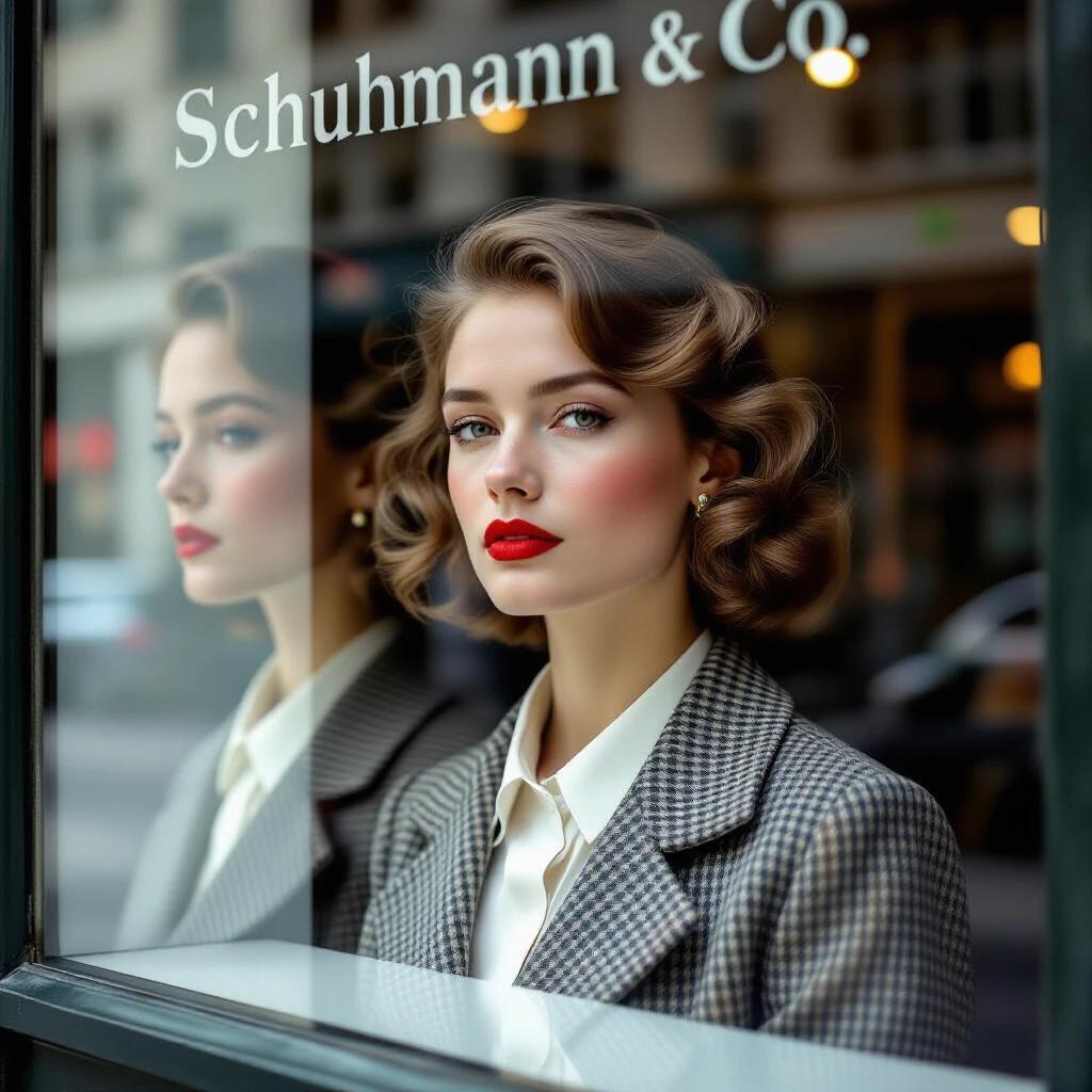 Photorealistic depiction of Schuhmann & Co shop window. Focus on reflections covering the figure. Emphasize focus shift artifacts and condensation streaks. Convey pre-war tension in relaxed posture. Include intentional crop of forehead by the mirror frame. Present slightly overexposed highlights on cheekbones. Add vignette darker on right edge to reflect sun position.