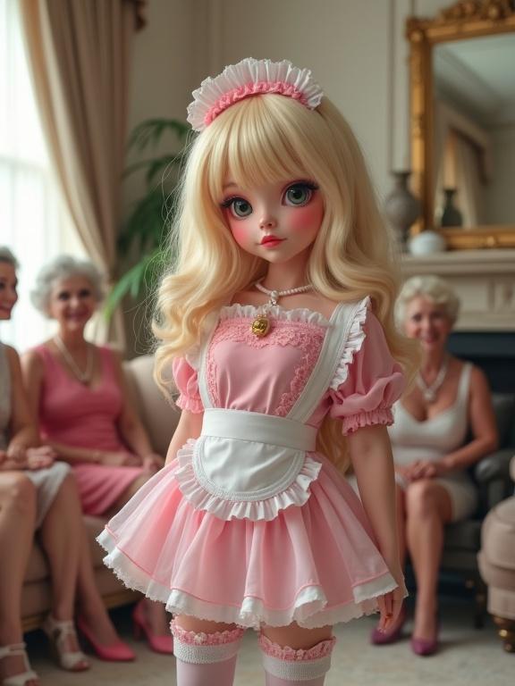 Portrait in a lavish living room. Group of laughing women sit on a couch. Foreground features confident wife with smug grin. Sissy maid stands in frilly pink-and-white uniform. Maid has long blonde wig, blushing face, exaggerated makeup, shy expression, small lock pendant around waist.