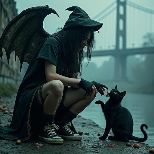 A character with torn clothing and bony wings feeds a black cat under a damaged bridge. The setting is dark and apocalyptic with eerie lighting. The scene evokes a sense of gloom and fantasy.