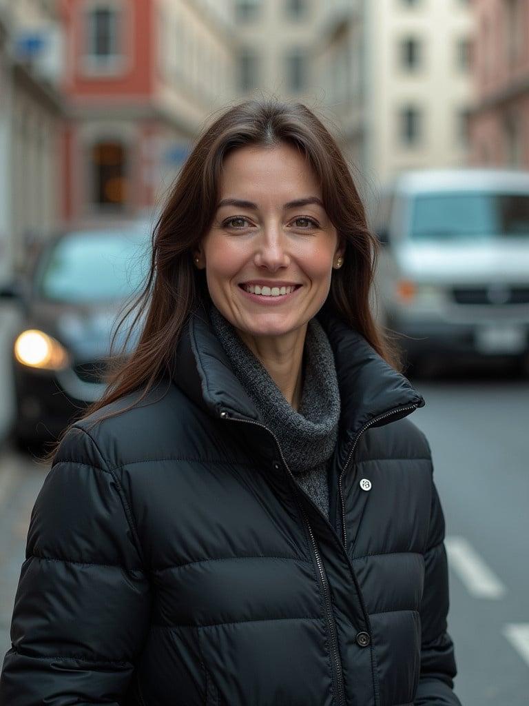 A woman stands on a city street wearing a black jacket. The urban background includes cars and buildings.